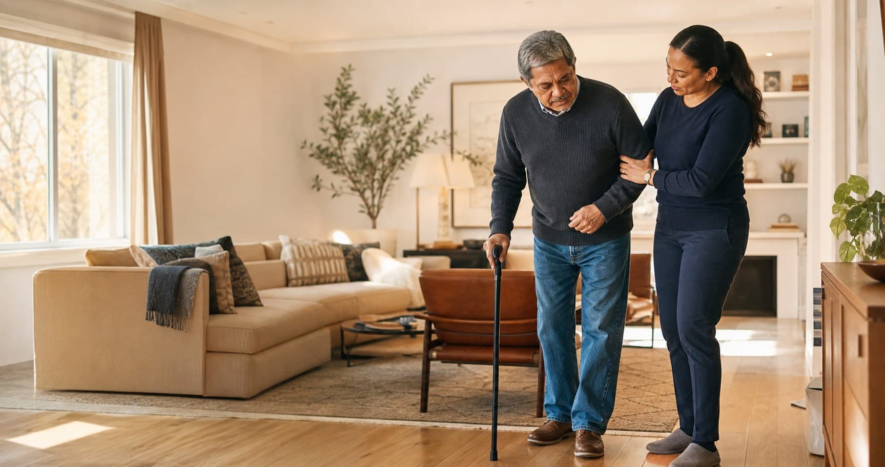 A caregiver sharing a calm, reassuring moment with an older adult at home